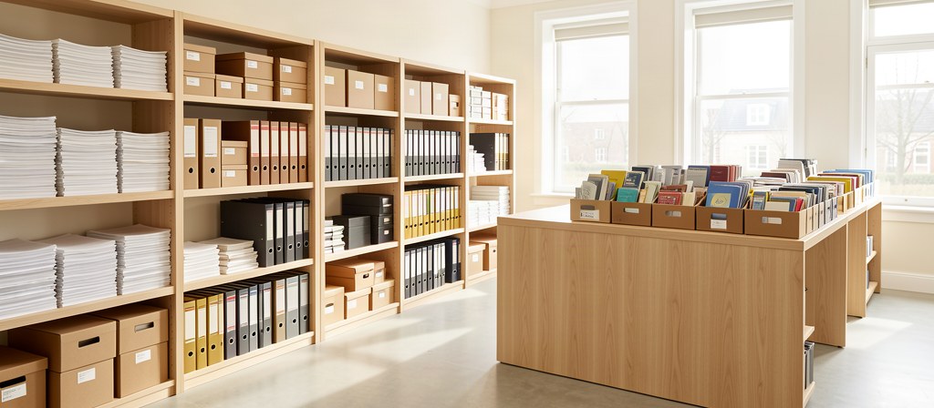 Shelving stocked with paper, binders and archive boxes in the A One supply area