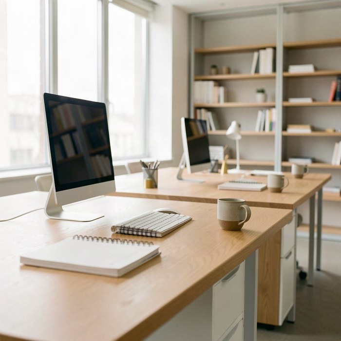 A row of workstations set up with monitors, notebooks and cups