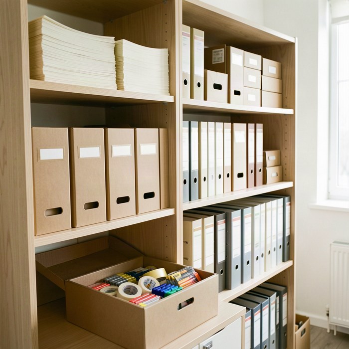 Shelving stocked with copier paper, box files and binders