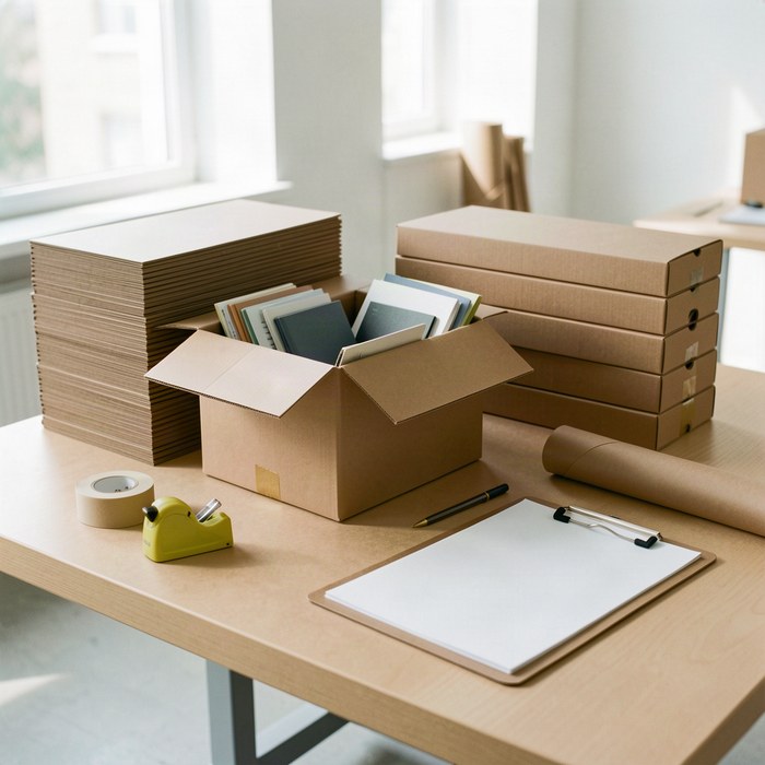 An order being packed into a dispatch carton with tape and paper wrap