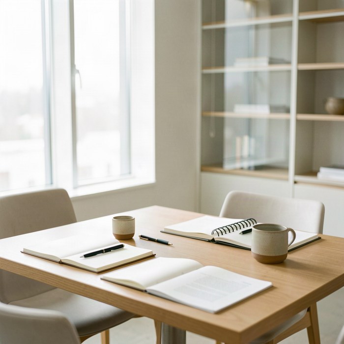 A meeting table by a window with open notebooks and cups